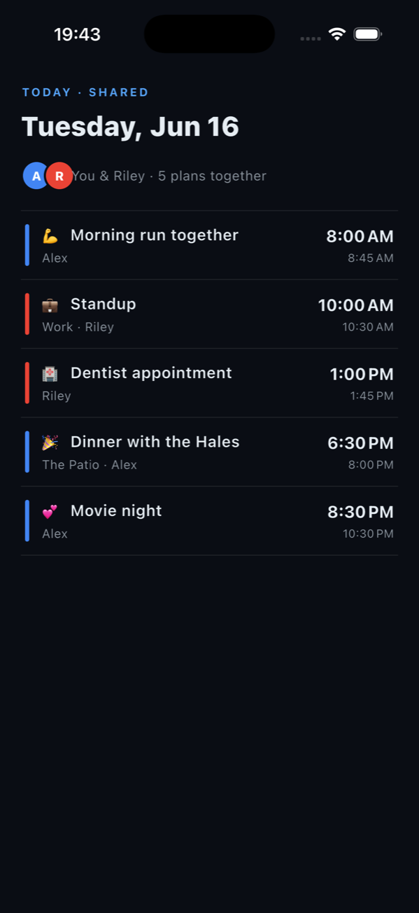 The Chronomore shared day view, with color-coded events for each person.